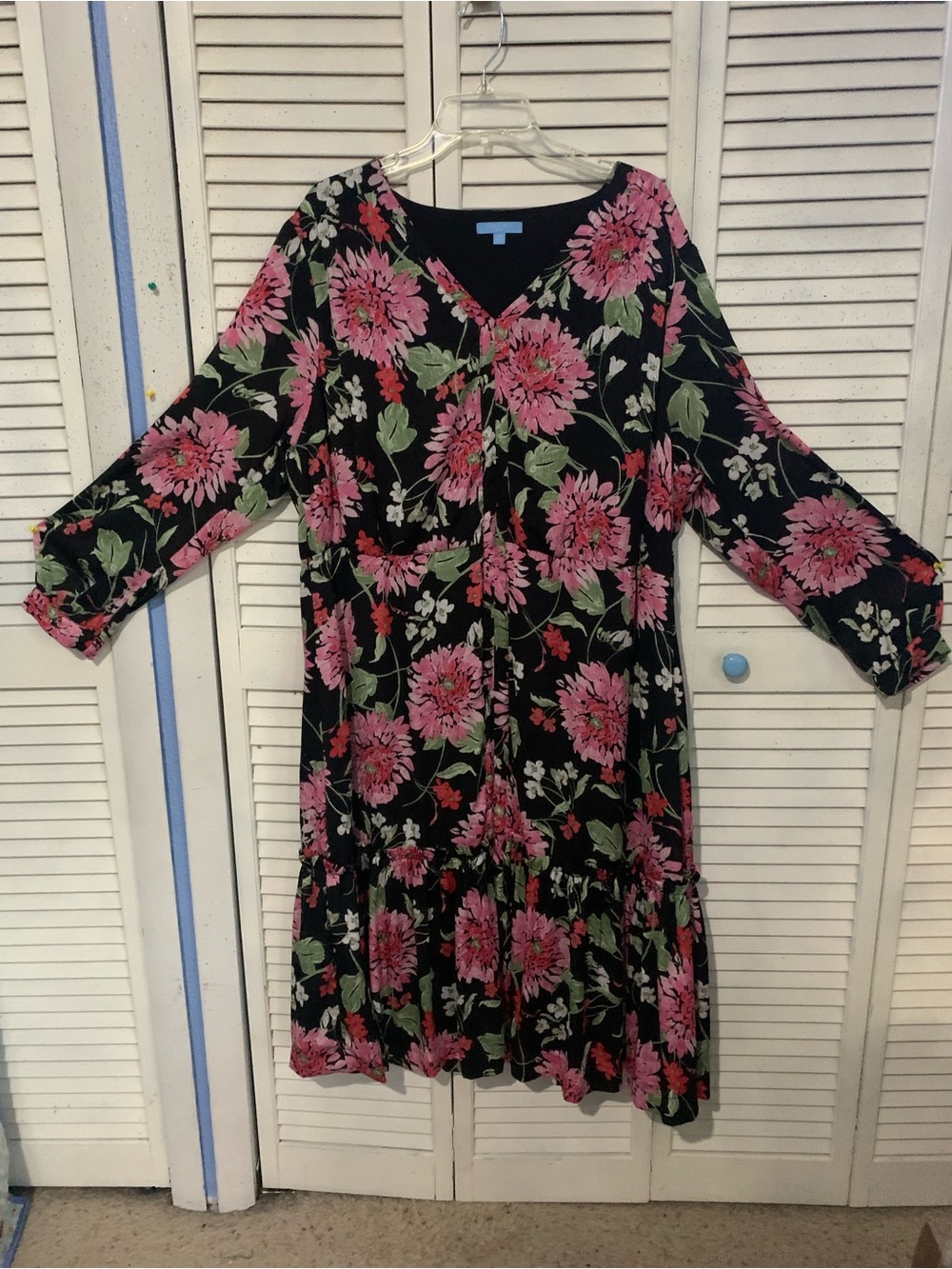 Draper James Black Dress with Pink and Green Floral Print Ruffled Hemline